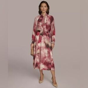 NWT Donna Karan Tie-Neck Midi Dress in Rose Watercolor, Size 4 (NO BELT)